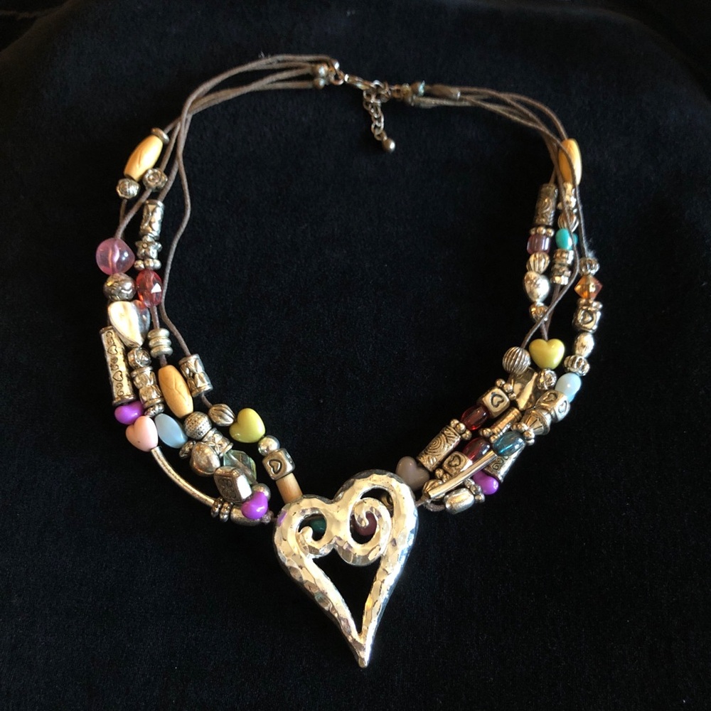 Vintage Colorful Layered Silver Tone Heart Pendant Beaded Necklace